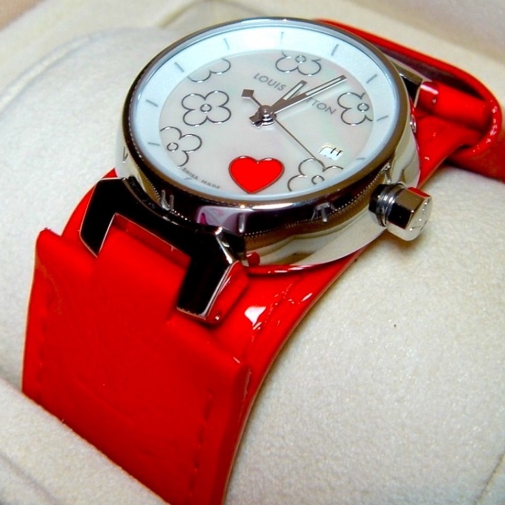 Vuitton authentic Tambour Valentine's Day red heart limited edition watch women